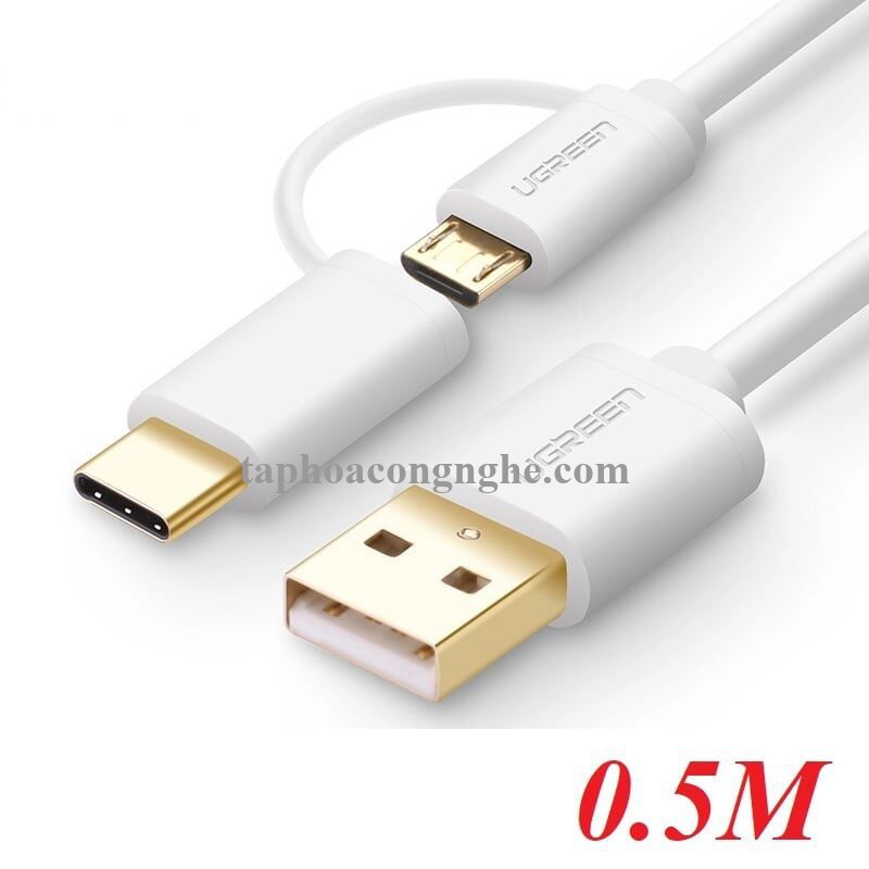 Ugreen 30170 0.5M màu trắng Cáp USB-A sang Micro USB + USB-C cao cấp US142 30030170